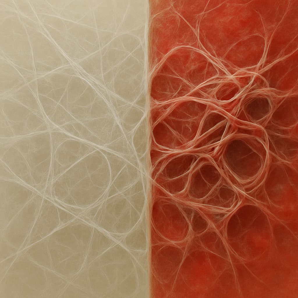 Grafika przedstawiająca zdrową i uszkodzoną (zmniejszoną elastyczność) tkankę powięziową.