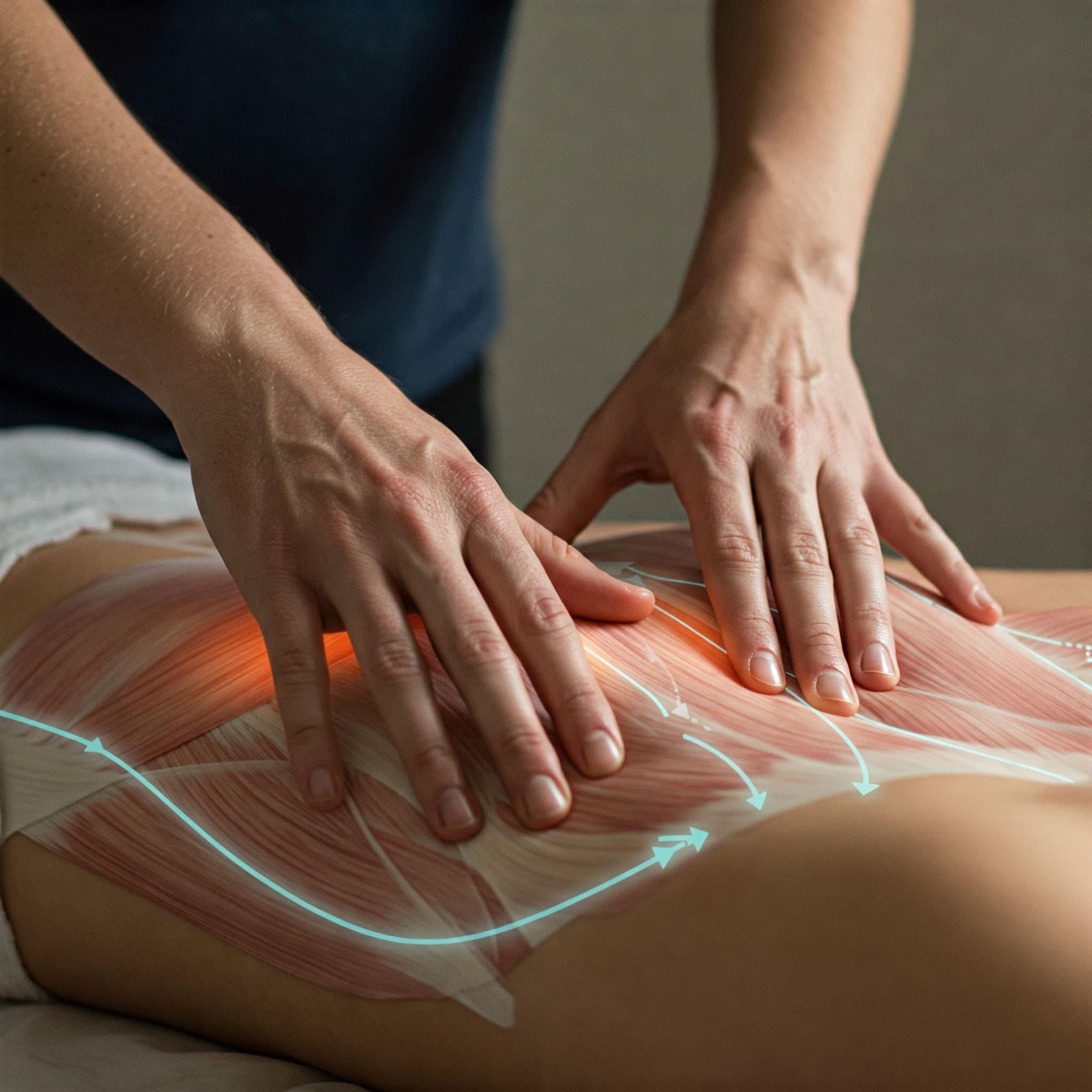 Manipulacja powięzi na plecach pacjenta w gabinecie fizjoterapii w Markach.