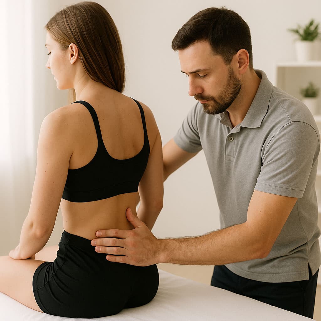 Fizjoterapeuta z gabinetu w Markach bada odcinek lędźwiowy pleców pacjentki.