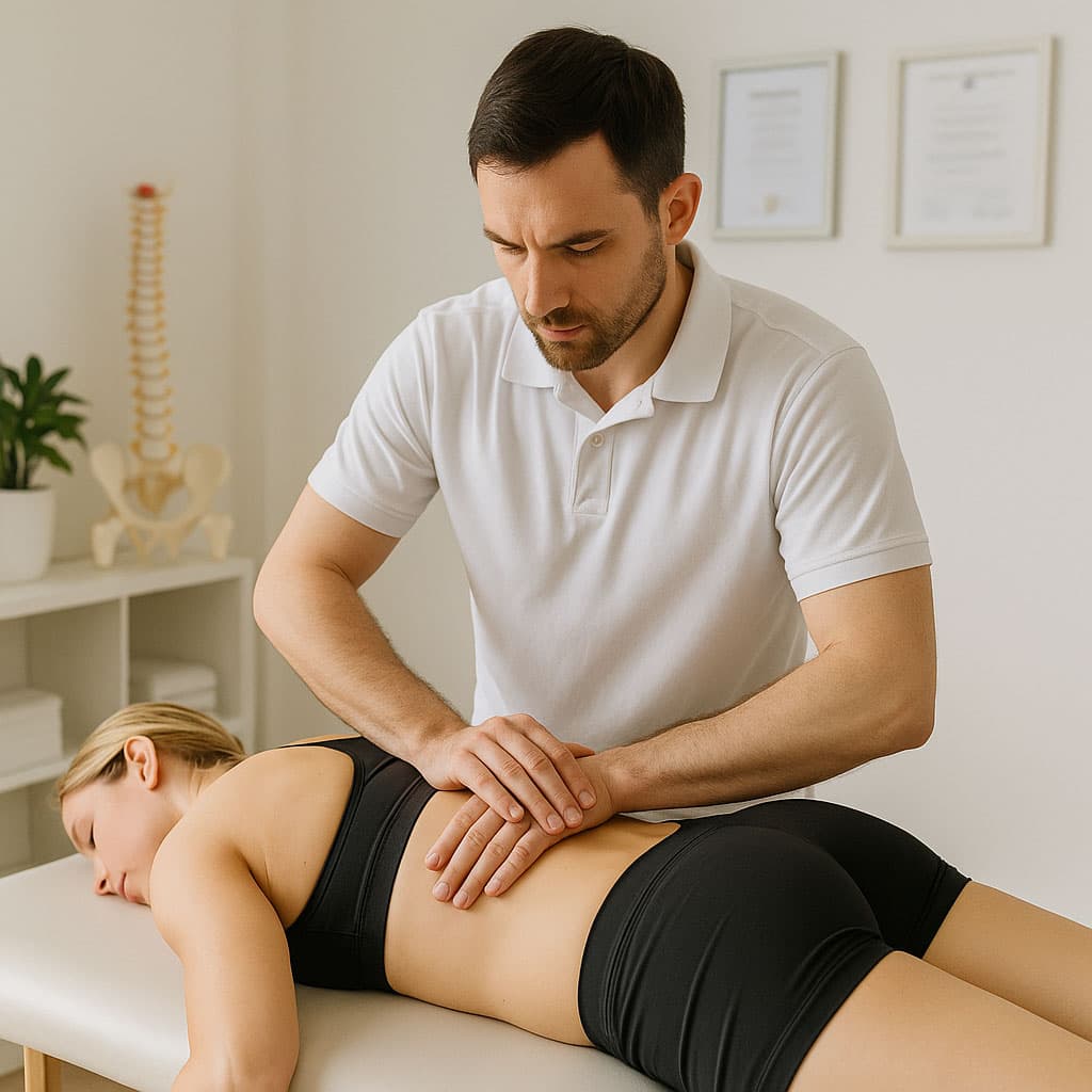 Fizjoterapeuta z Marek wykonujący terapię manualną kręgosłupa lędźwiowego u pacjentki.