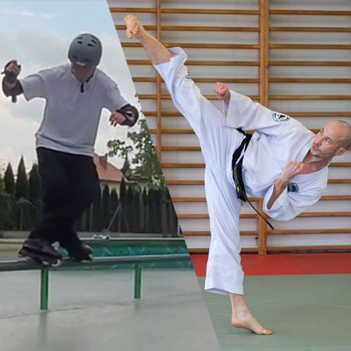 Wykonywanie wysokiego kopnięcia Taekwon-do na rolkach agresywnych.